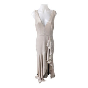 Badgley Mischka Sz 6 Ruffle Side Swept Ruffle Sequin Gown Tan V Neck Sleeveless